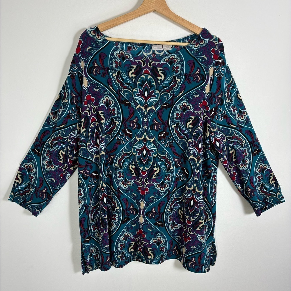 Chicos Travelers Top 3/XL Blue Paisley Tunic Wrinkle Free Flowy Stretch - Picture 1 of 9